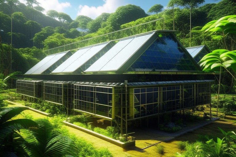 a solarpunk building with solar panel on the roof in the jungle